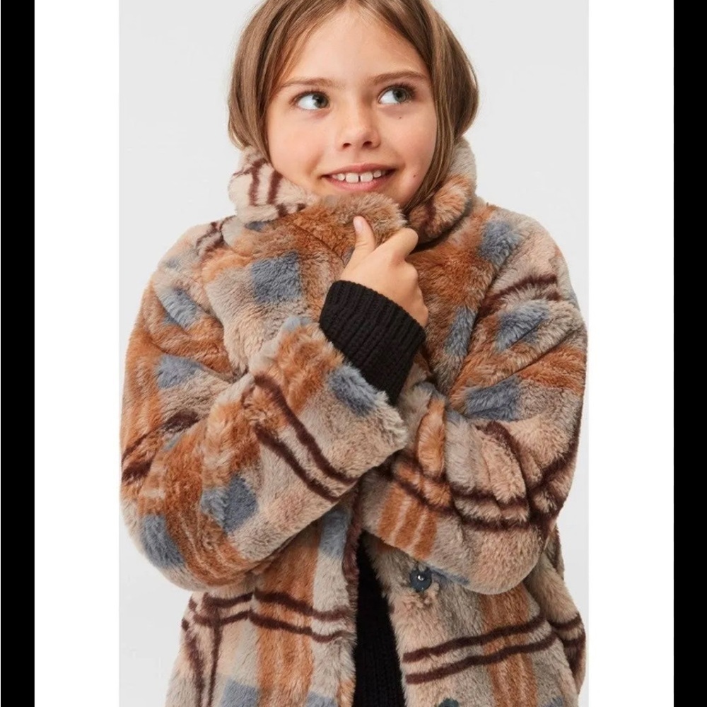 Molo Kids Checkered Teddy Jacket - Tan and Gray - Picture 4 of 8